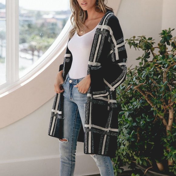 Black and white winter plaid stripe sweater coat - Picture 1 of 3